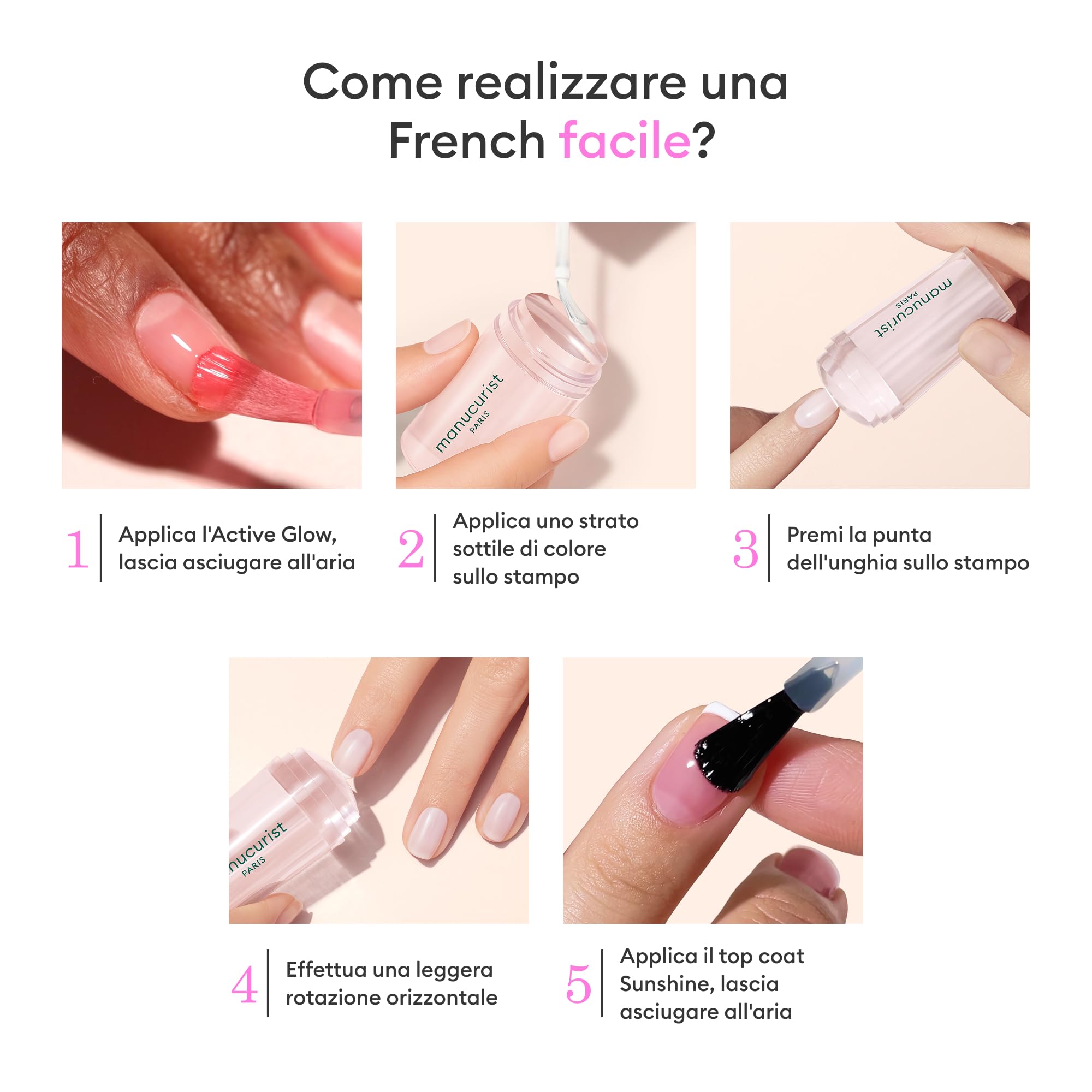 French Manicure Kit di Manucurist - Active™ Glow Raspberry, Smalto Unghie Green™ Crème, Mani Stamper, Top Coat Effetto Gel Green™ - Kit French Unghie