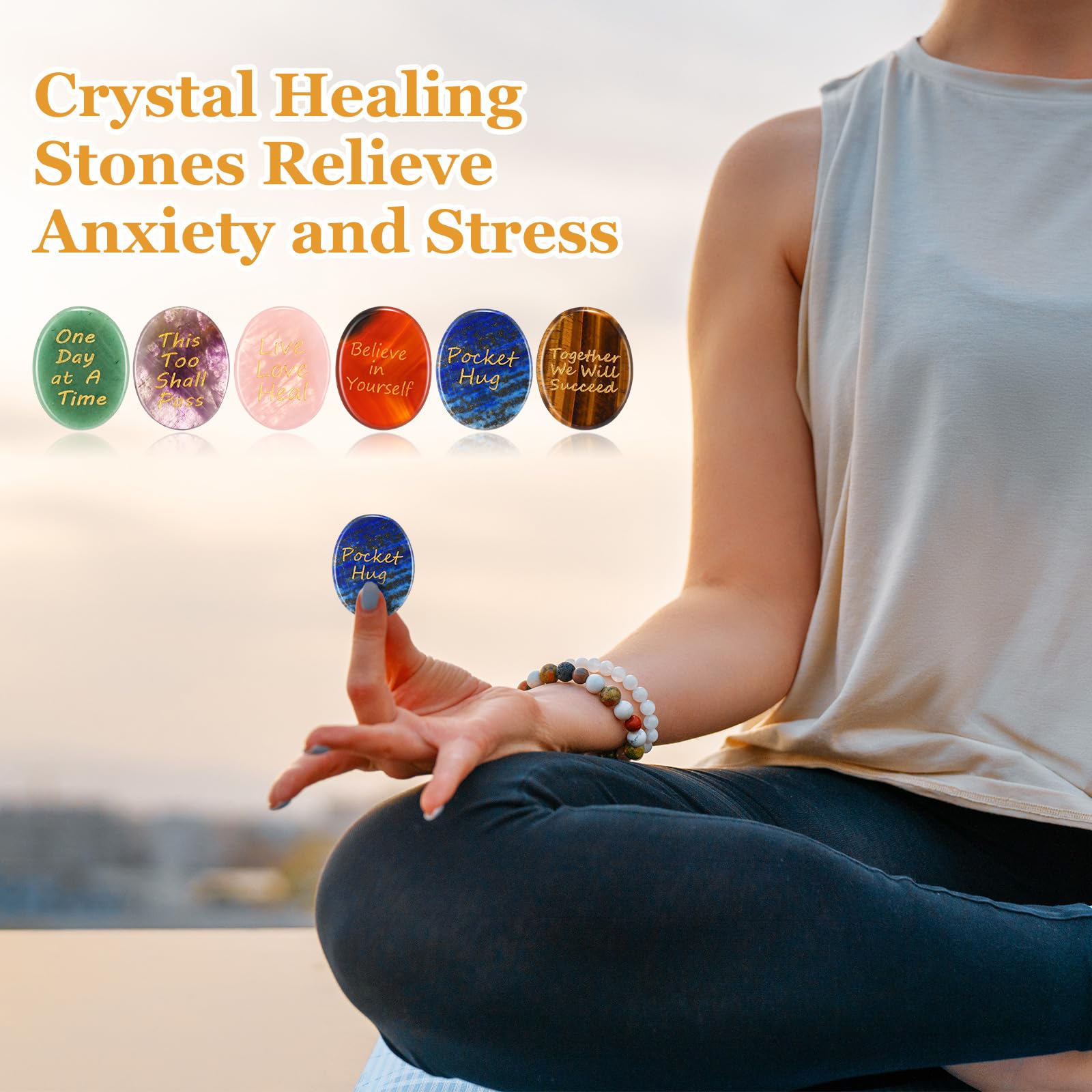 Set di 6 pietre preoccupanti per l'ansia, cristalli calmanti con carte e sacchetti a rete che pensano a te, regali per donne, sollievo dallo stress, meditazione, regali ispiratori
