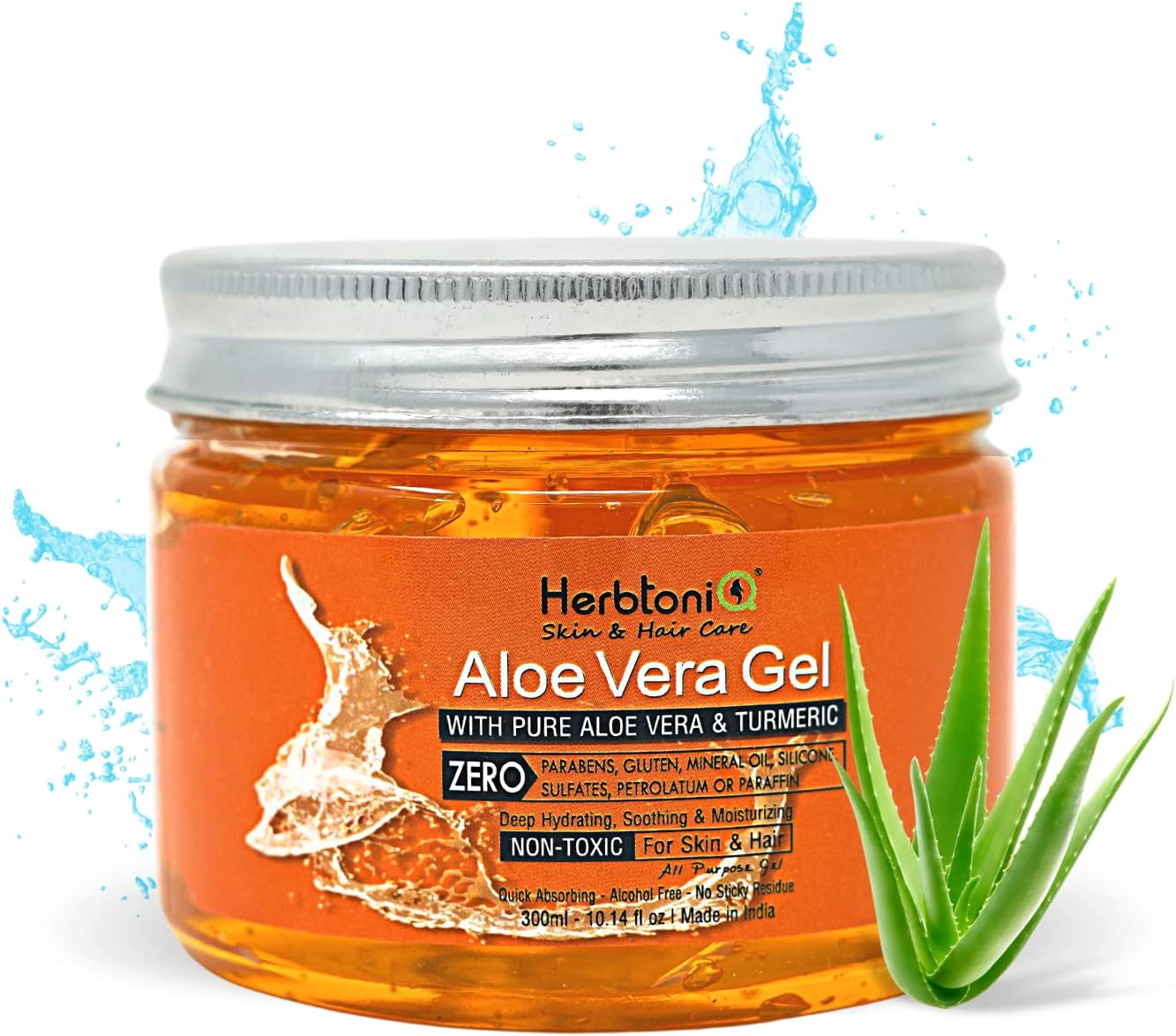 HerbtoniQ Aloe Vera Gel with Turmeric for Face, Body, Hair, Sunburn Relief (Deep Hydrating, Soothing & moisturizing) Non-Toxic Gel (300 ml)