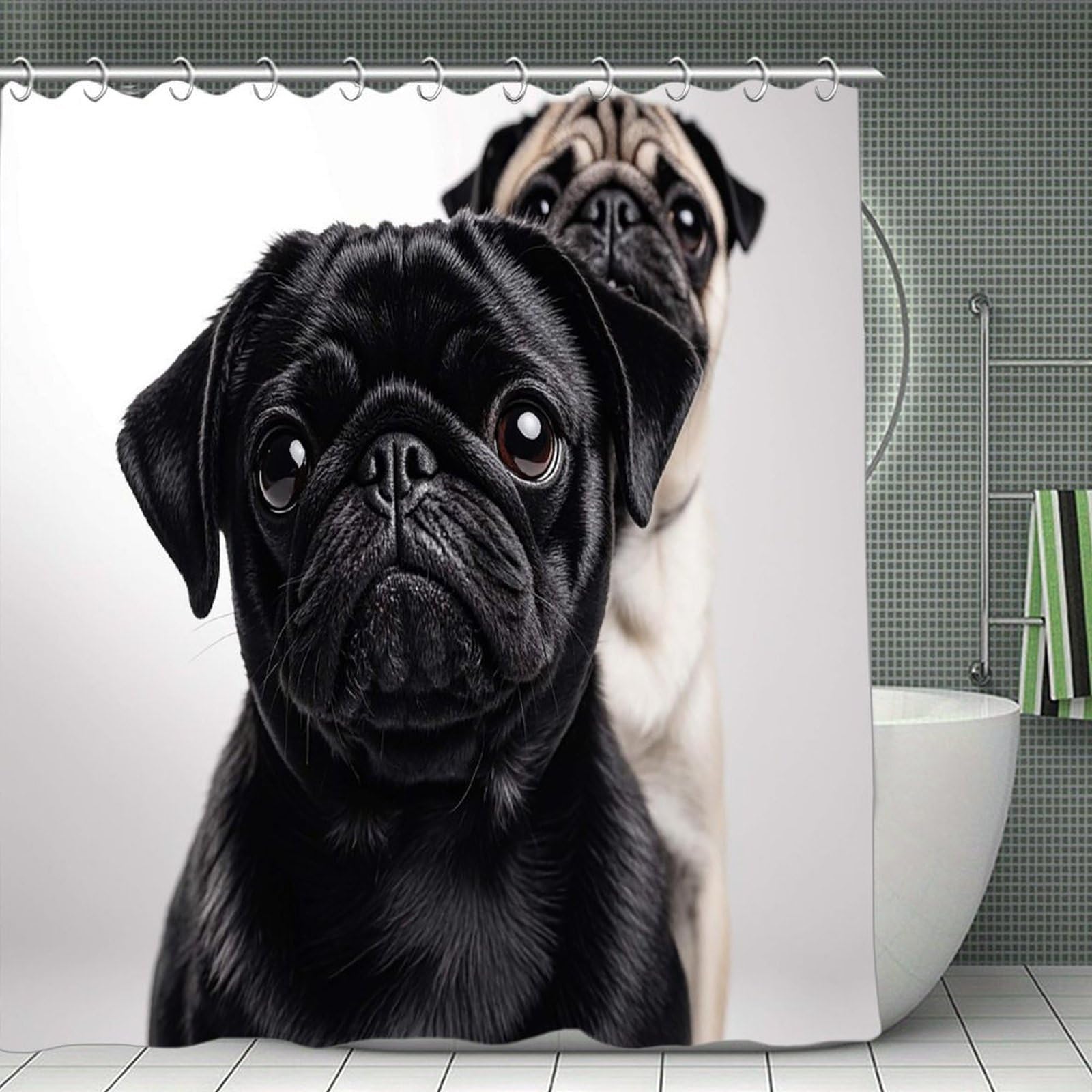FekiLoot Cute Black Pug Dog Shower Curtain Minimalist Thick Bathroom Curtain Washable Modern Bathroom Shower Curtain Heavy Duty Waterproof Cloth Bath Curtain with Hooks 70.8"x70.8"