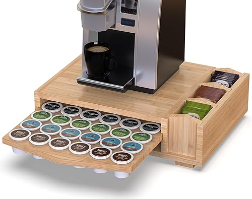 Organizador de cápsulas de café de bambú prémium con 3 compartimentos, compatible con 35 cápsulas Keurig K-Cup, almacenamiento de bolsas Tae