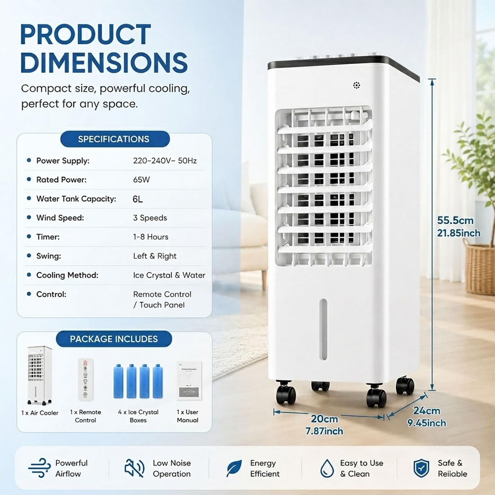 Rinfrescatore d'Aria Evaporativo 6L, Ventilatore Portatile con 4 Panetti di Ghiaccio, 3 Velocità, Timer 8H, Telecomando & Touch Control(White)