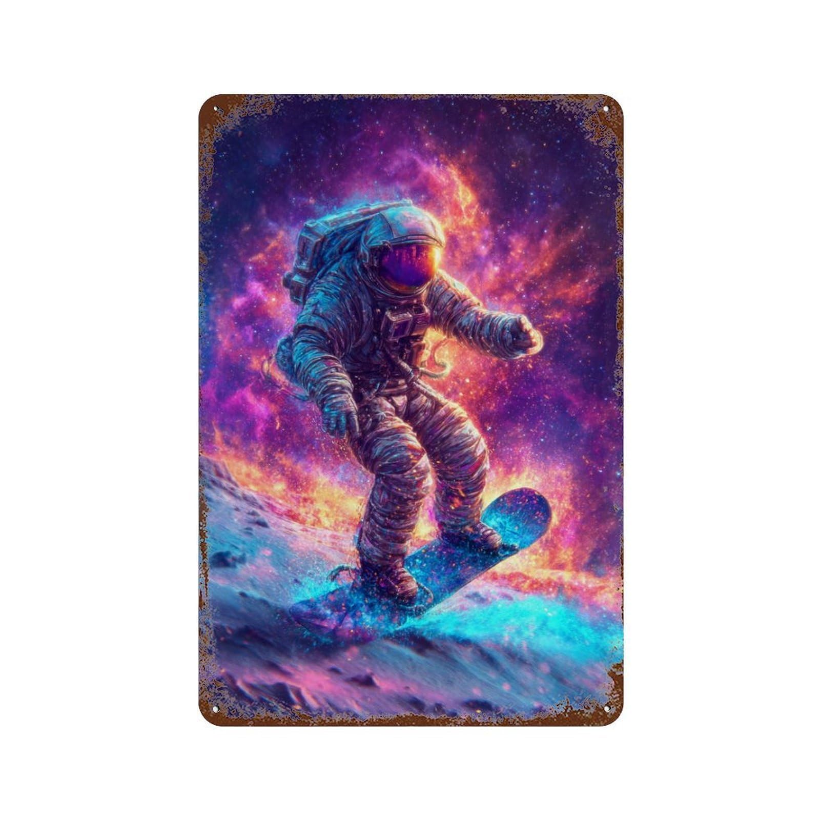 Astronaut Snowboarding in Space Distressed Metal Wall Sign 11.8"x7.9", Ideal for Patio, Garden Room And Bar Decor