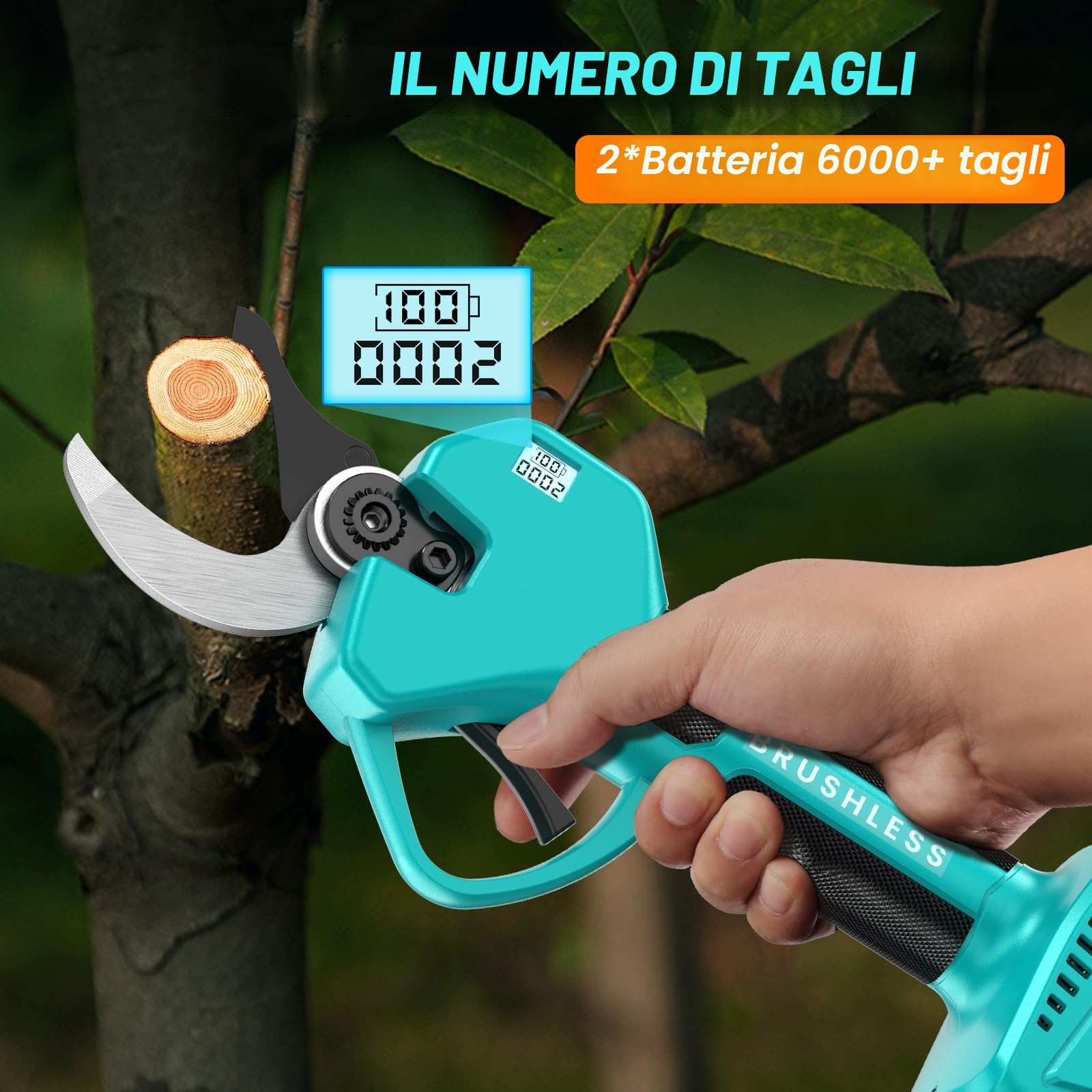 Forbici Potatura a Batteria，50 mm professionali Forbici Potatura, Pacco Batteria da 4000 mAh, Schermo LCD,1000 W Brushless Potente Motore, Perfette per Giardini, Frutteti, Fattorie