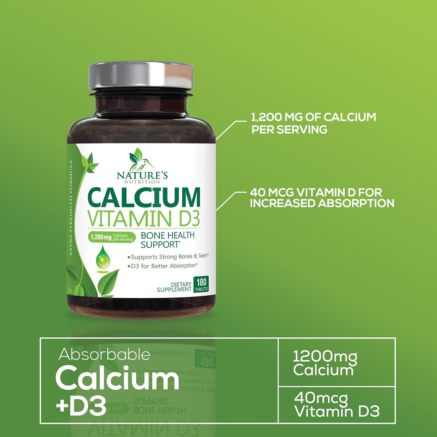 Nature’s Calcium 1200mg Plus 1600 IU Vitamin D3, Immune Support & Bone Health Support, Supports Bone Strength - Calcium Carbonate 1200 mg - Dietary Nutrition Supplement, Non-GMO - 180 Tablets
