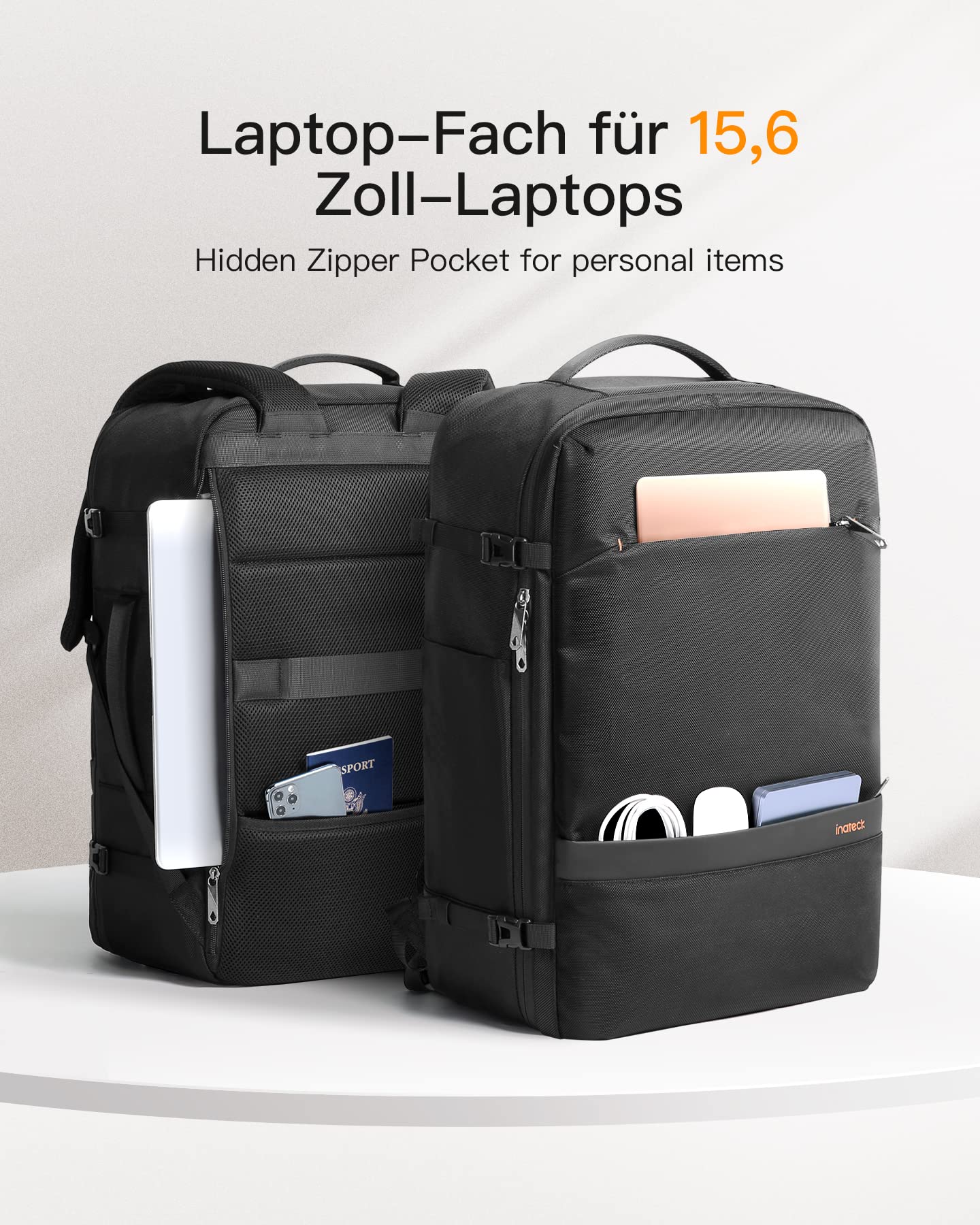 Inateck 42L Supergroßer Handgepäck Reiserucksack Flugzeug Laptop Rucksack für 15,6 Zoll Notebooks, Flug Genehmigt Kabinenrucksack für Weekender | Carry on Kabinenrucksack für 15,6 Zoll Notebooks, Hauptfach um 180° öffnen, Flug Genehmigt für Weekender.Busi