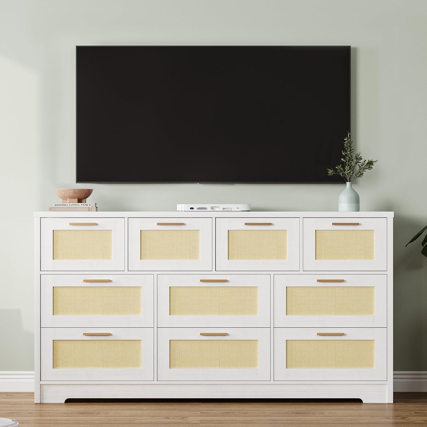 Patikuin 59" Rattan 10 Drawer Dresser, Modern Farmhouse Wood Chest of Drawers for Bedroom, Wide Storage Organizer TV Stand for Living Room, Entryway, Closet, White