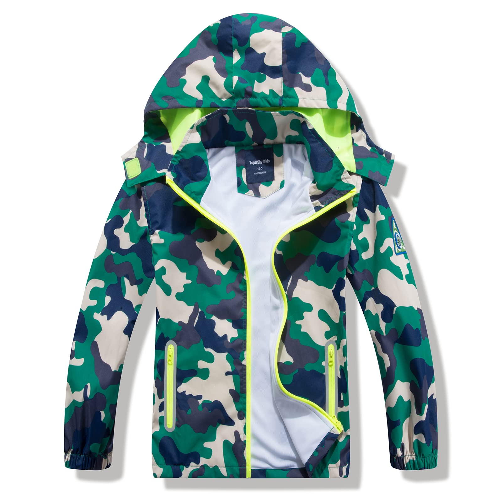 HZXVic Kids Waterproof Jacket Boys Camo Raincoat,Childrens Lightweight Rain Coat with Hood (greencamo-6Years)