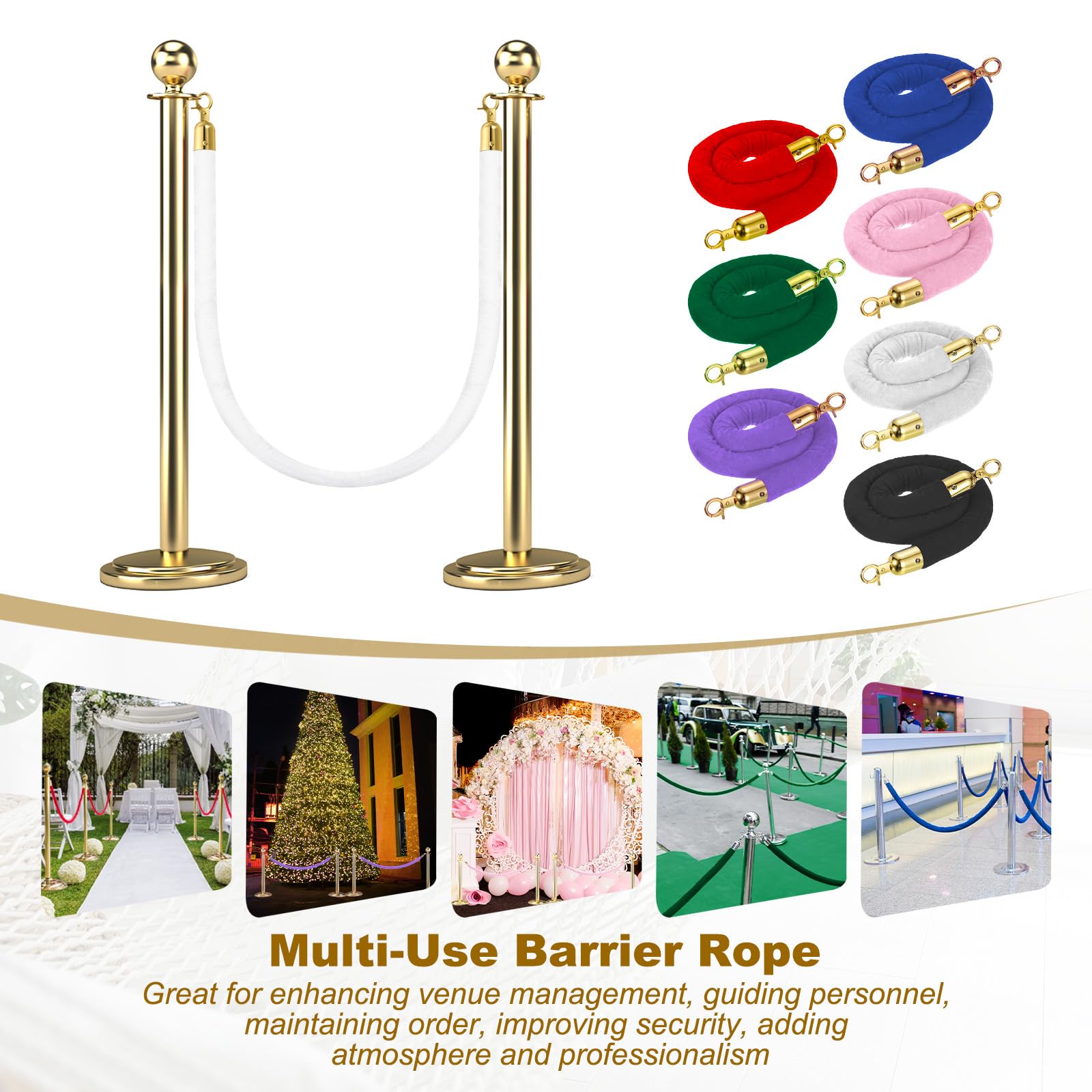 QUARKZMAN Velvet Stanchion Rope 3.28 Ft/1 M, Barrière Corde Velours Avec Mousquetons Pour Posts Supports Séparateur File Contrôle Foule, Blanc Doré Pack 2