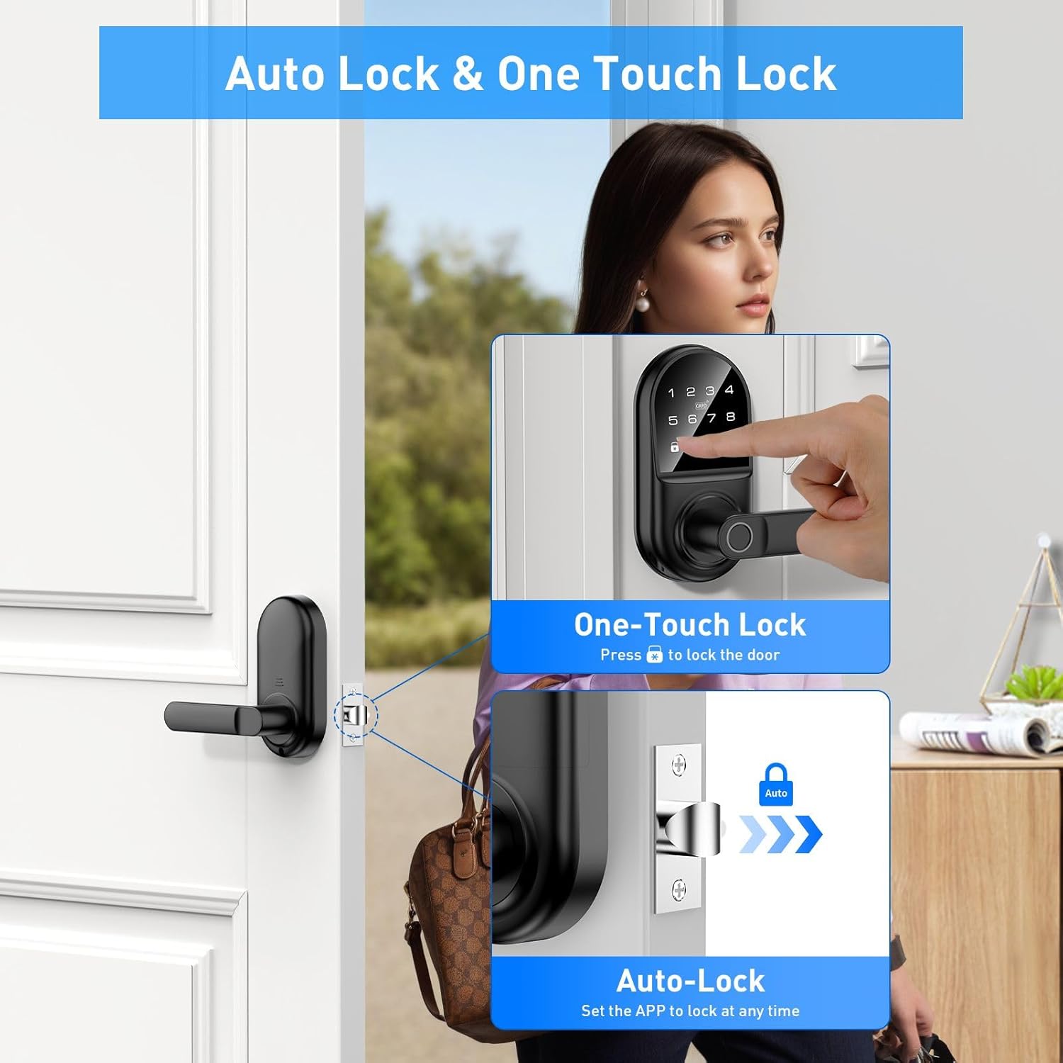 Smart keypad Door Lock with Handle，Fingerprint Keyless Entry Digital Lock with Built-in doorbell for Front Door,Bedroom,biometric Door knob,with Gateway Remote APP Control