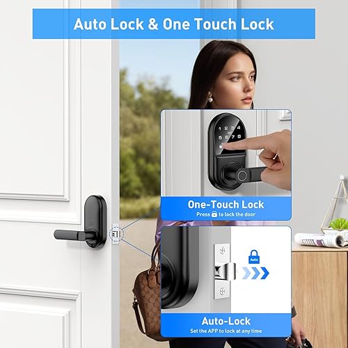 Miniatura 7 de Cerradura de puerta con teclado inteligente con asa, cerradura digital de entrada sin llave con timbre integrado para puerta delantera, dormitorio,