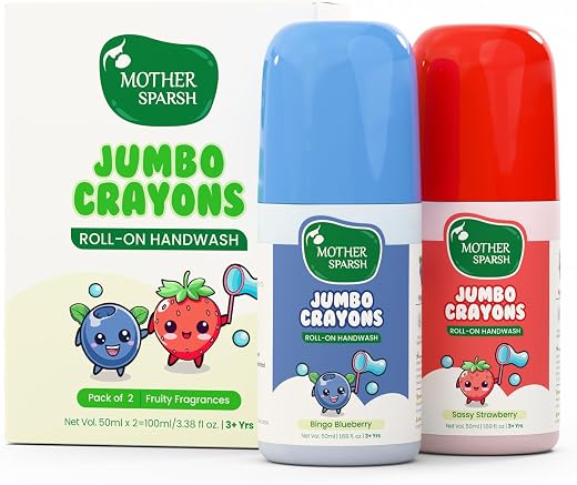 Mother Sparsh Jumbo Crayon Roll-On Kids Handwash (Pack of 2) | Strawberry &amp; Blueberry Scented | Non-Toxic Hand Wash for Ki...