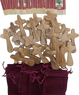 Zuluf Set of 25 Medium Olive Wood Hand Crosses 3.7" (9.5cm) – Mini Wooden Crosses Bulk, Religious Catholic Mens Gifts, Pocket Wooden Crosses in Bulk CRS128