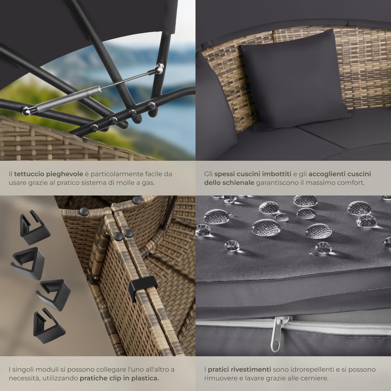 tectake® Isola Prendisole in Rattan, Isola Divano da Esterno con Tettuccio Parasole Pieghevole, Morbidi Cuscini, Componibile, Tavolino e Lettino, Resistente ai Raggi UV, per Giardino - Naturale
