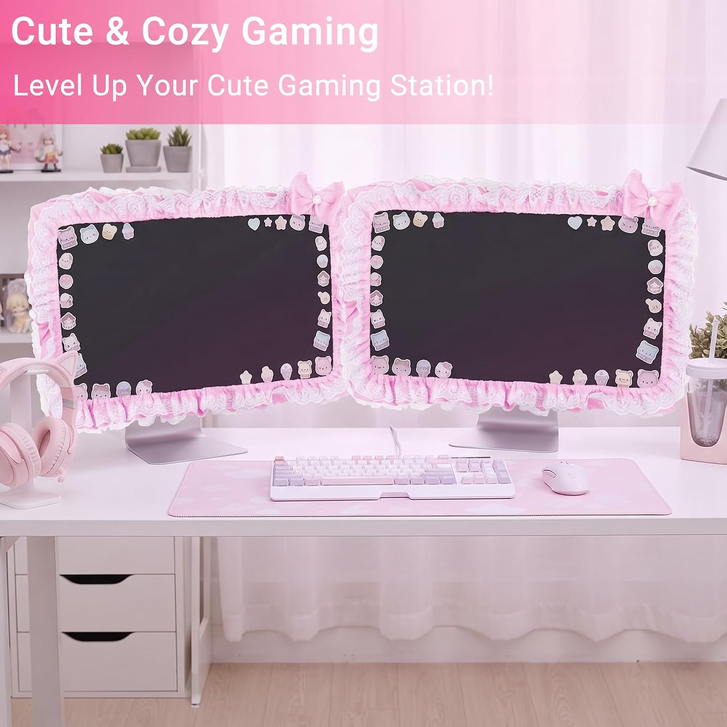 Bow Lace Monitor Dust Cover 23-26in, Computer TV Screen Protector, Pink | Cute Bow Lace Monitor Cover — Elastic Dust Proof Stretchy Protector for 23-26 Inch Computer TV Screens, Kawaii Desk Decor