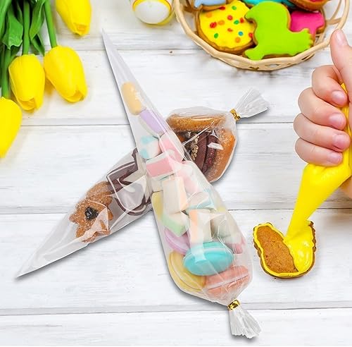 Miniatura 10 de LOMIMOS Bolsa de celofán triangular transparente de 5 x 10 pulgadas, bolsa de golosinas en forma de cono con lazos giratorios para panadería hecha a