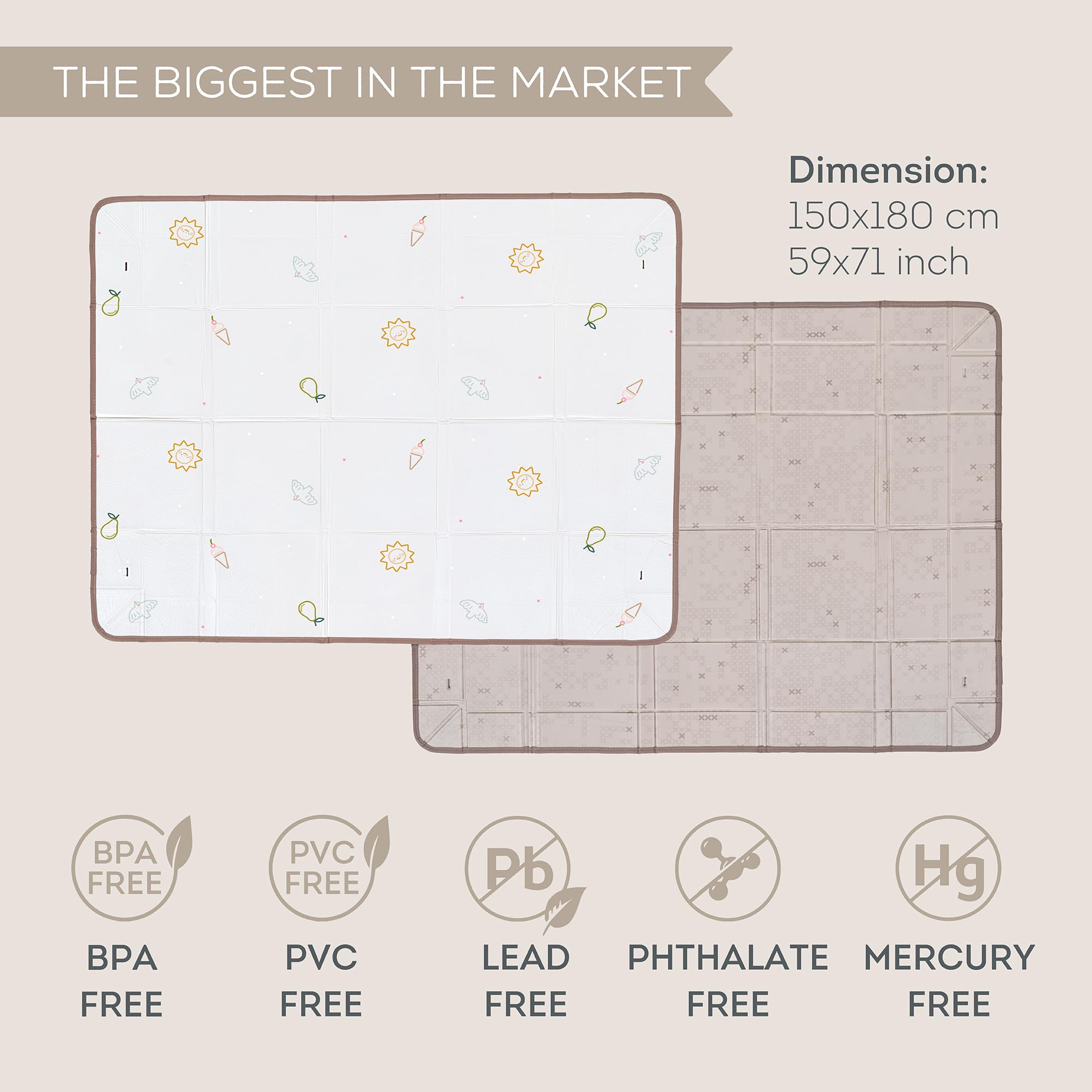 Tappeto da Gioco in Schiuma Reversibile Impermeabile – Grande Formato 180 x 150 cm, Pieghevole con Borsa – Include 12 Palline Colorate e Bordini Rimovibili