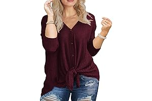 Womens Plus Size Plus V-Neck Tie Front Blouse Button Up Waffle Knit Tops Casual Tunic