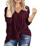 Womens Plus Size Tops V Neck Tie Front Blouse Button Up Long Sleeve Waffle Knit Tunic T Shirts
