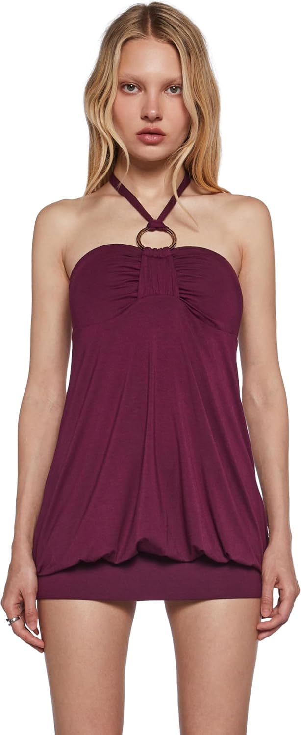 Dolls Kill Y2K Bubble Mini Dress by Generation Kiss – Trendy Halter Neck Dress with Ruched Bust and Bubble Hem