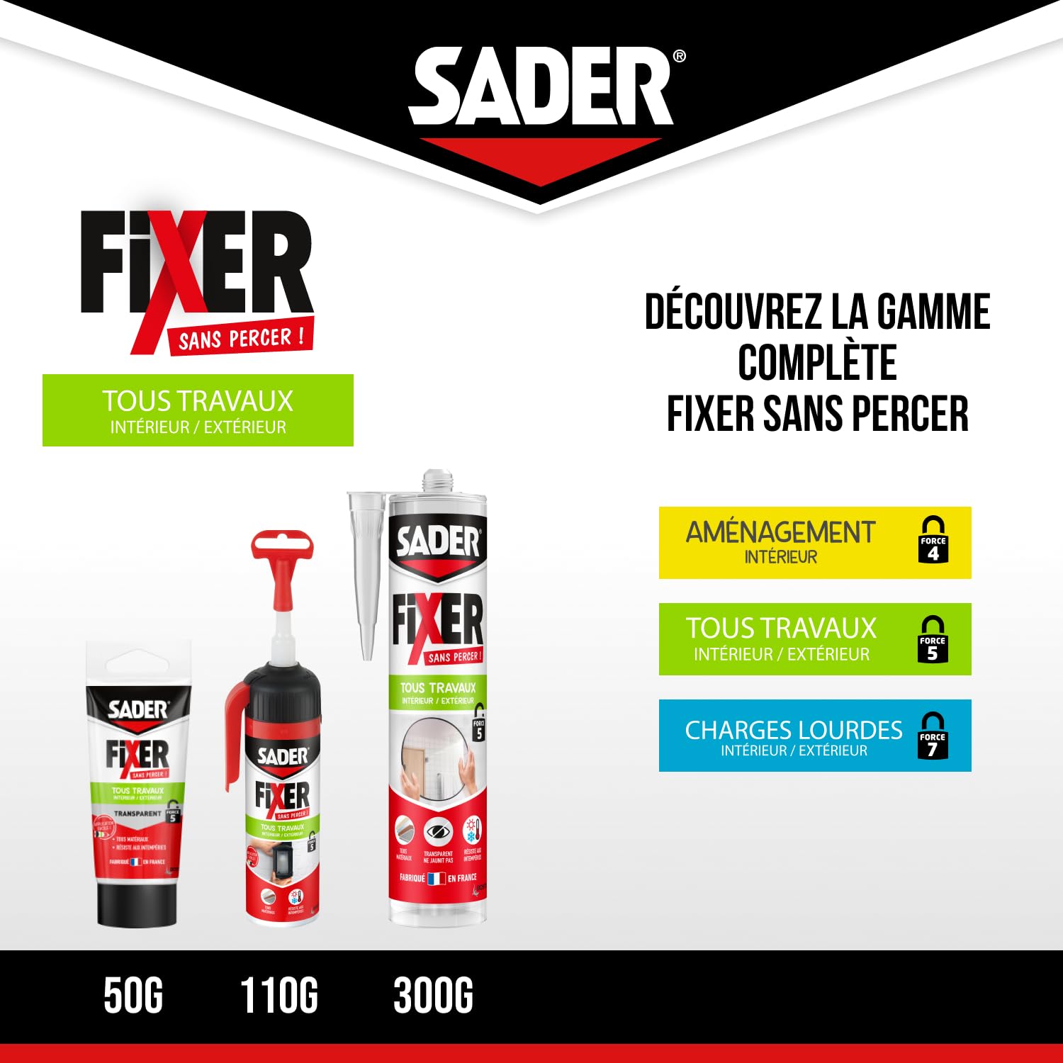 SADER FIJER Sin taladrar cualquier trabajo interior y exterior transparente – Masilla de pegamento híbrido, pegado potente, cualquier material, se puede pintar, tubo de 50 g