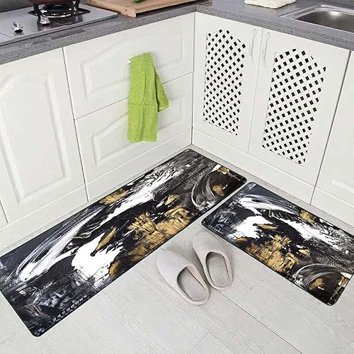 Vista 17 de TOMWISH - Tapetes de cocina para piso, color turquesa, gris, abstracto, pintura artística, 17 x 48 + 17 x 24 pulgadas, juego de alfombras de cocina