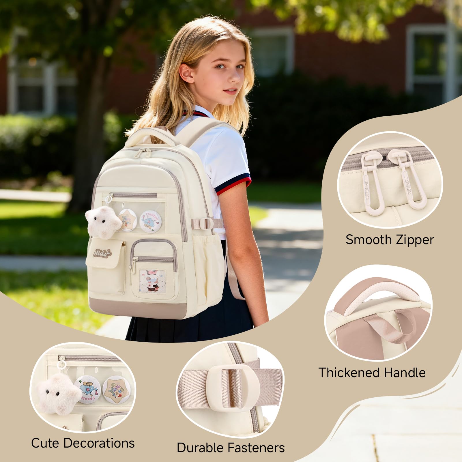 Tanou Sac à Dos pour Fille, Grande Capacité Cartable Adolescent en Polyester Imperméable, Sacs Scolaires Filles Tendance avec Pendentif Étoile pour École Primaire et College