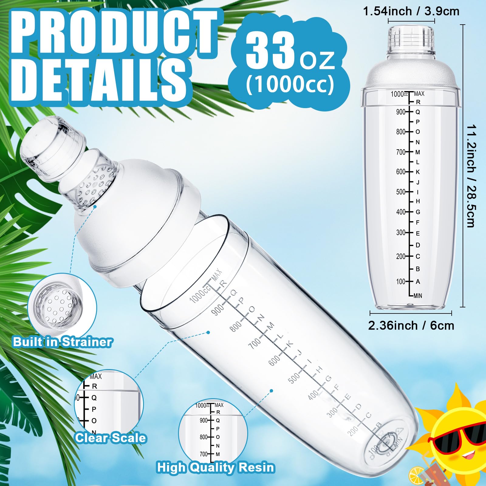 Coctelera de plástico de 4 piezas, mezclador de bebidas de mano, agitador de té de burbujas con escamas y colador, taza transparente con medidas, herramienta de mezcla para té, café, leche 2