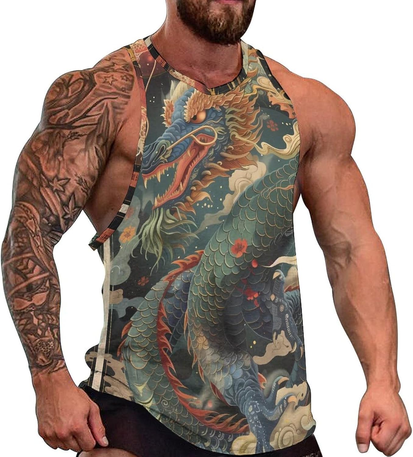 MARSVOVO Men's Chinese Loong Tank Tops 2024 Novelty Eastern Dragon Print Sleeveless Crewneck Western Sportswear Vest