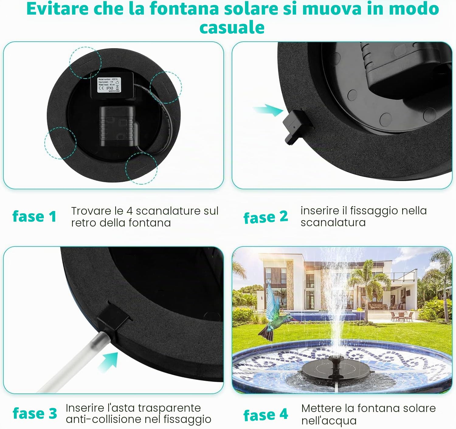 Pompa a fontana per uccelli a energia solare con 6 ugelli per vasche per uccelli, giardini, laghetti e piscine, decorazione ideale per esterni