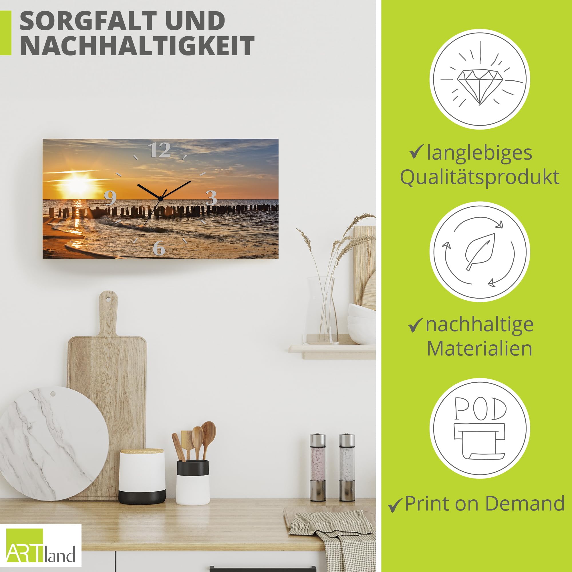 ARTLAND Wanddeko Wanduhr ohne Tickgeräusche Alu Quarzuhr 50x25 cm Rechteckig Lautlos Strand Meer Sonnenuntergang Sonne Urlaub Maritim T3ZU