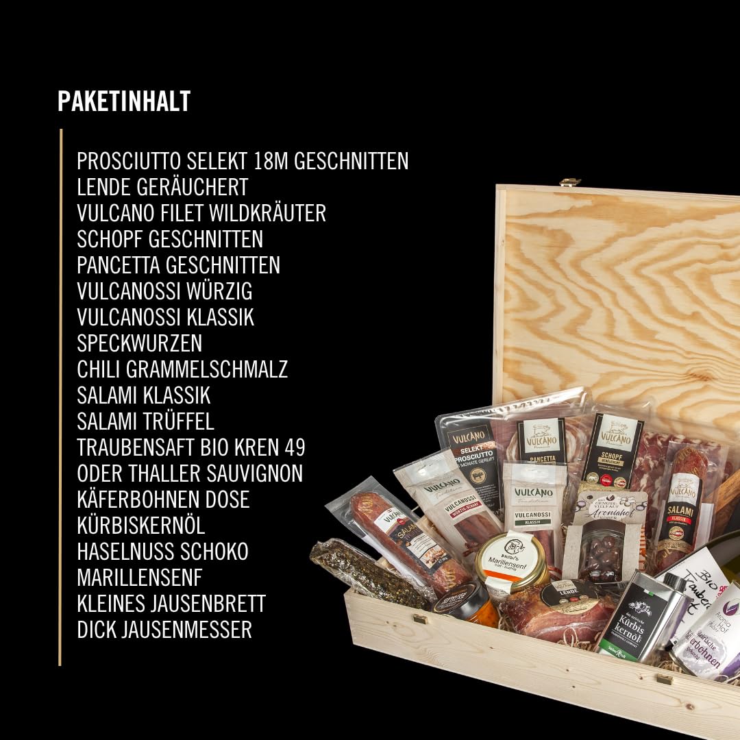 Vulcano Jausenkoffer – Geschenkbox mit Prosciutto, Salami, Vulcanossi, Speckwurzen & steirischen Spezialitäten – Feinkost Geschenk für Genießer, ideal für Männer, Frauen, Geburtstag & Weihnachten