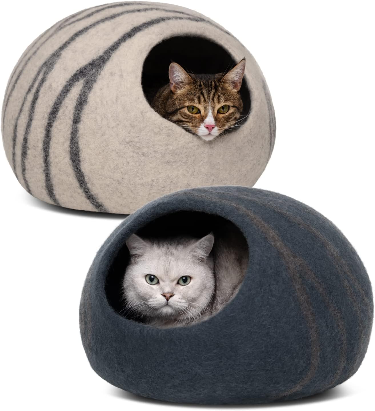 MEOWFIA 2 Premium Felt Cat Bed Caves Bundle (Slate Grey/Medium + Light Grey/Medium) - Eco Friendly 100% Merino Wool House for Cats and Kittens