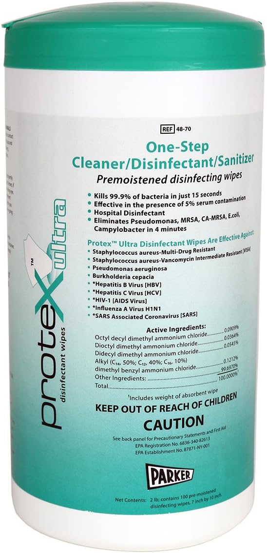 Parkerlabs Protex Disinfectant Textured Wipes Laboratories- Kills 99.9% of Bacteria in 15 Seconds - 7" X 10" (Canister of 75 Wipes)