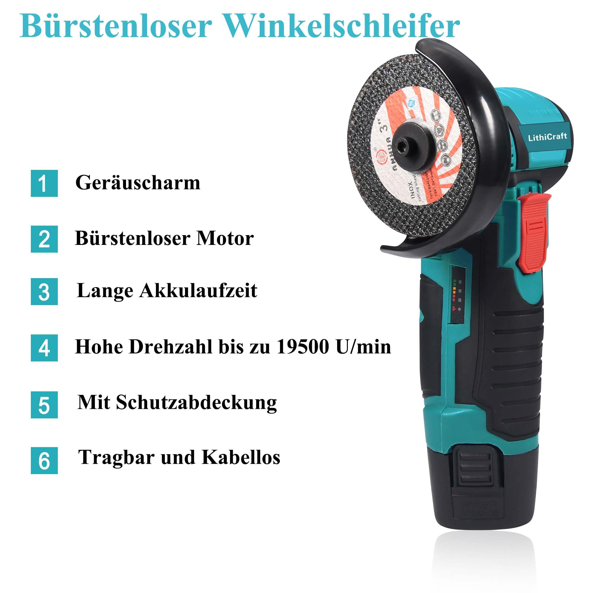 Mini Akku Winkelschleifer 12V, 76mm (3 Zoll) Bürstenloser Trennschleifer mit 2x 1500mAh Akku & 8 Scheiben, 19500 U/min Kabelloser Schneider, Elektrischer Multischleifer für Metall, Holz & Fliesen