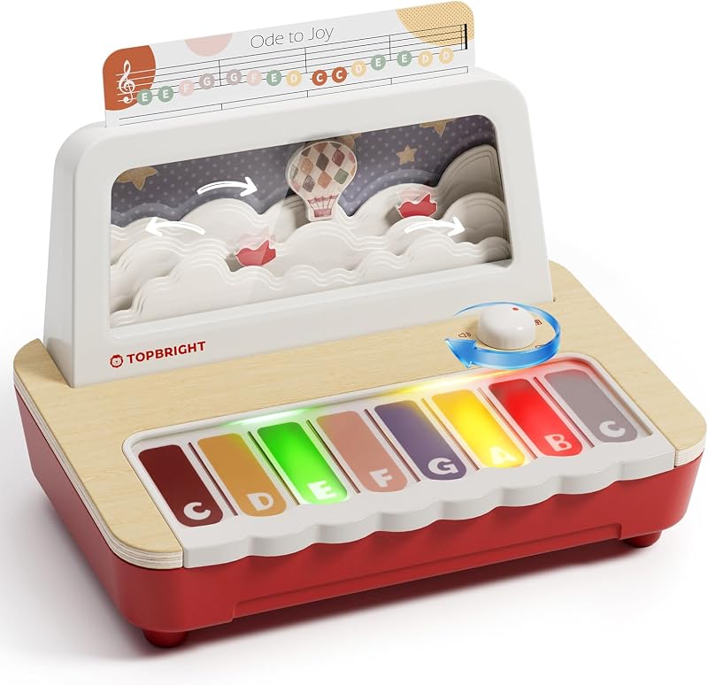 TOP BRIGHT Piano de juguete de madera con 12 canciones y 3 modos, juguete musical de 1 a 3 años | 12 canciones y 3 modos con función de grabación, teclado de madera con certificación FSC, juguete musical para niños y niñas 1+
