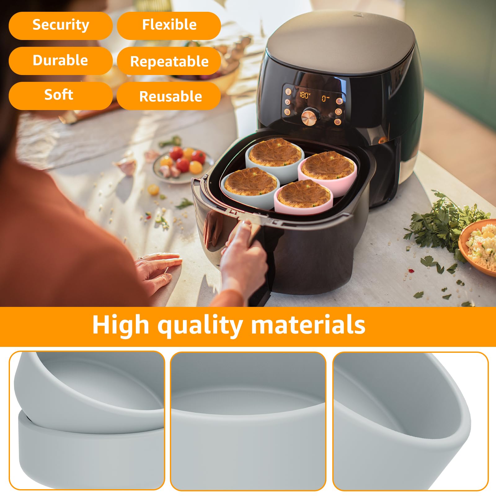 Moldes para huevos para freidora de aire, moldes de silicona antiadherentes, vasos escalfadores de huevos resistentes al calor, accesorios reutilizables para cocinar y hornear huevos y magdalenas, 4