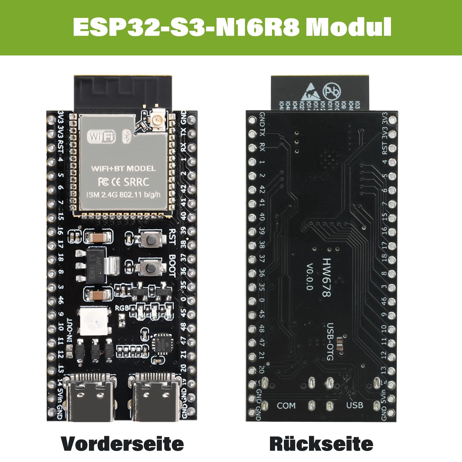 diymore 3 szt. do ESP32-S3 DevKitC-1 N16R8 moduł, do ESP32 S3 1-N16R8 deska rozwojowa z WiFi, Bluetooth 5.0, antena USB C