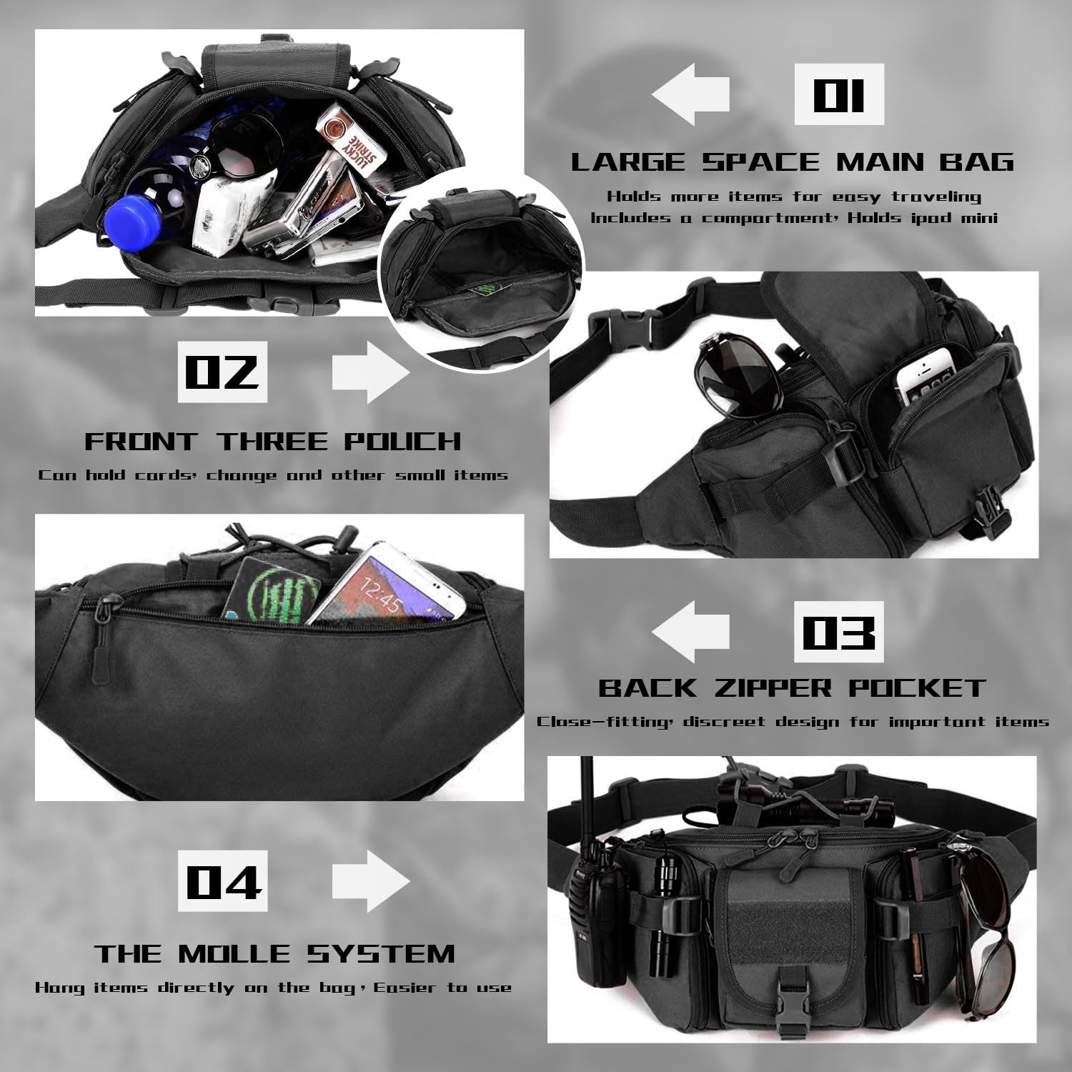 Tactical Fanny Pack, Military Outdoor Waist Bag Belt Packs Hip Bumbag Utility Bags with Adjustable Strap for Cycling Hiking Hunting (Black) - Image 5