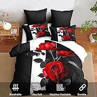 Vista 2 de Rose Comforter Set King Black Red Bedding Set Striped Floral Bedding for Women Aesthetic Comforter with 2 Pillowcases, Ultra Soft Lightweight 3Pieces