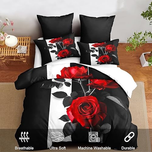 Miniatura 2 de Juego de edredón rosa tamaño King, color negro y rojo, ropa de cama floral a rayas para mujer, edredón estético con 2 fundas de almohada, ultra