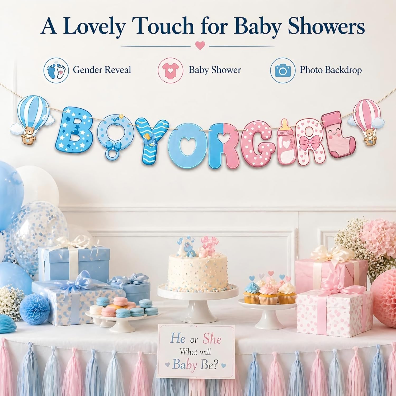 Gender Reveal Decorations - Gender Reveal Banner | Pink and Blue Baby Shower Party Decor for Boy or Girl Reveal Party, Baby Gender Reveal Photo Backdrop Supplies