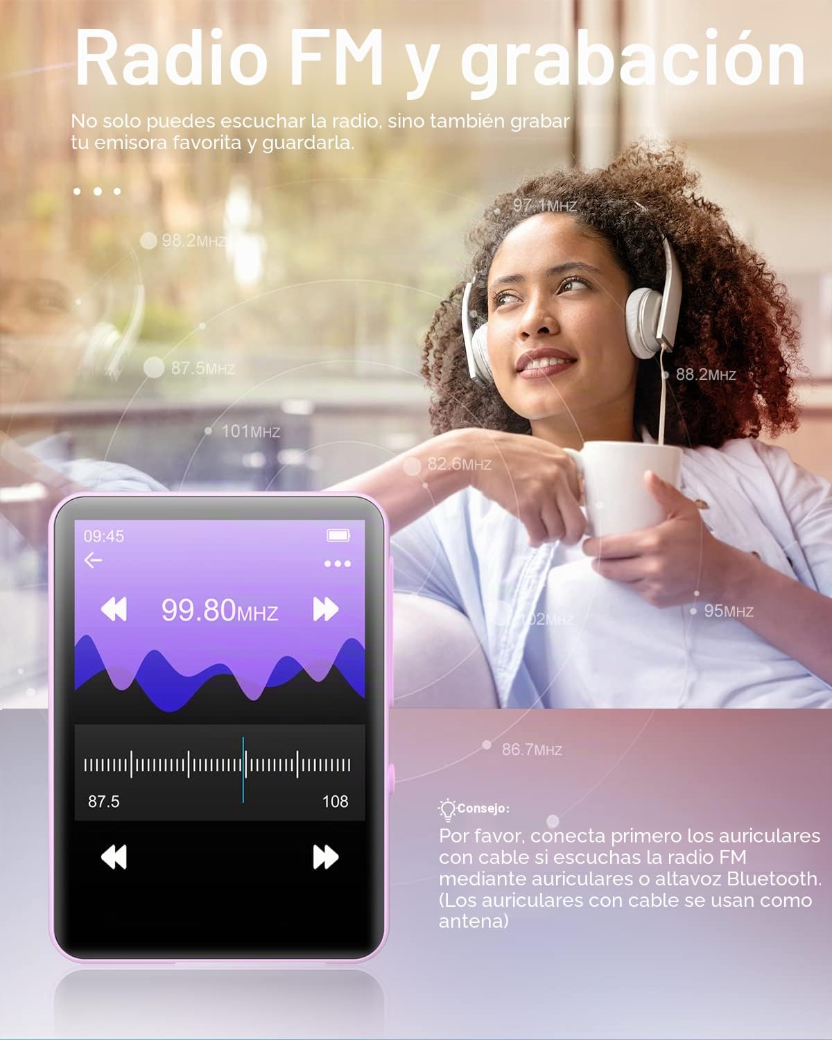 joliker Reproductor MP3 de 64 GB con Bluetooth 5.0,reproductor de música de sonido HiFi sin pérdidas con pantalla táctil completa de 2.4pulgadas,altavoz HD integrado,radio FM,grabadora de voz,rosa