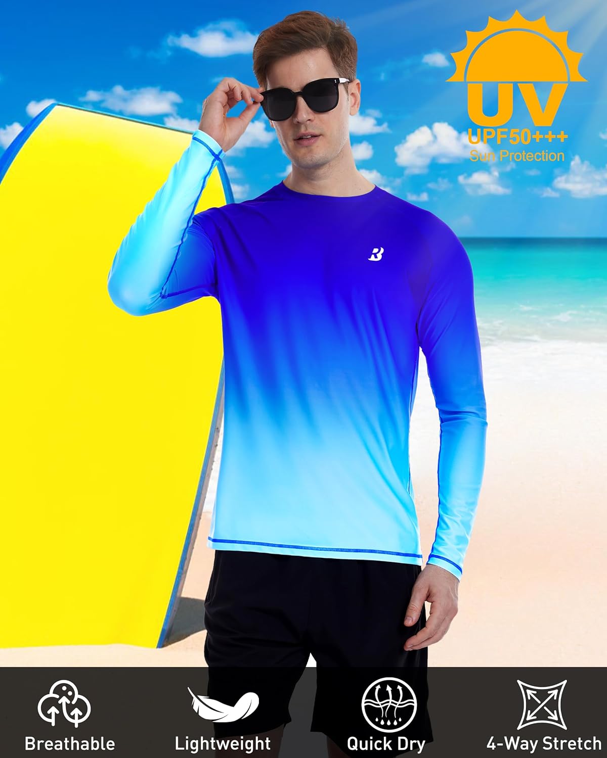 Roadbox Men's UPF 50+ Swim Shirts, Long Sleeve UV Sun Protection Rash Guard, Quick Dry SPF T-Shirt for Beach Surfing Fishing - Image 5