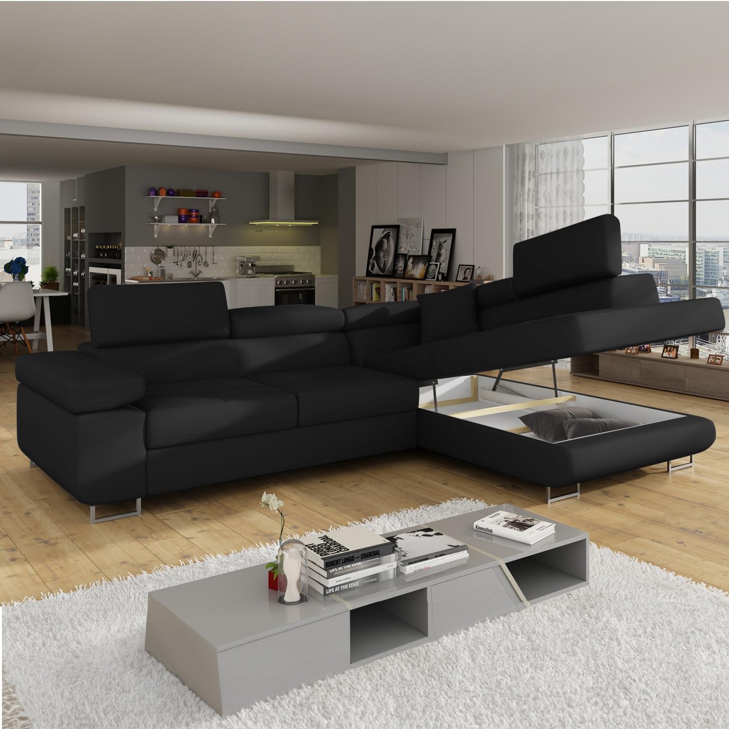 INTENSE DECO Canapé d'angle Droit Convertible Marius Noir