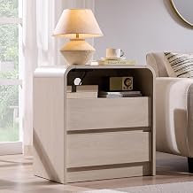 Aitjunz 25" Tall Modern Nightstand with Charging Station, 2 Drawers, Cream