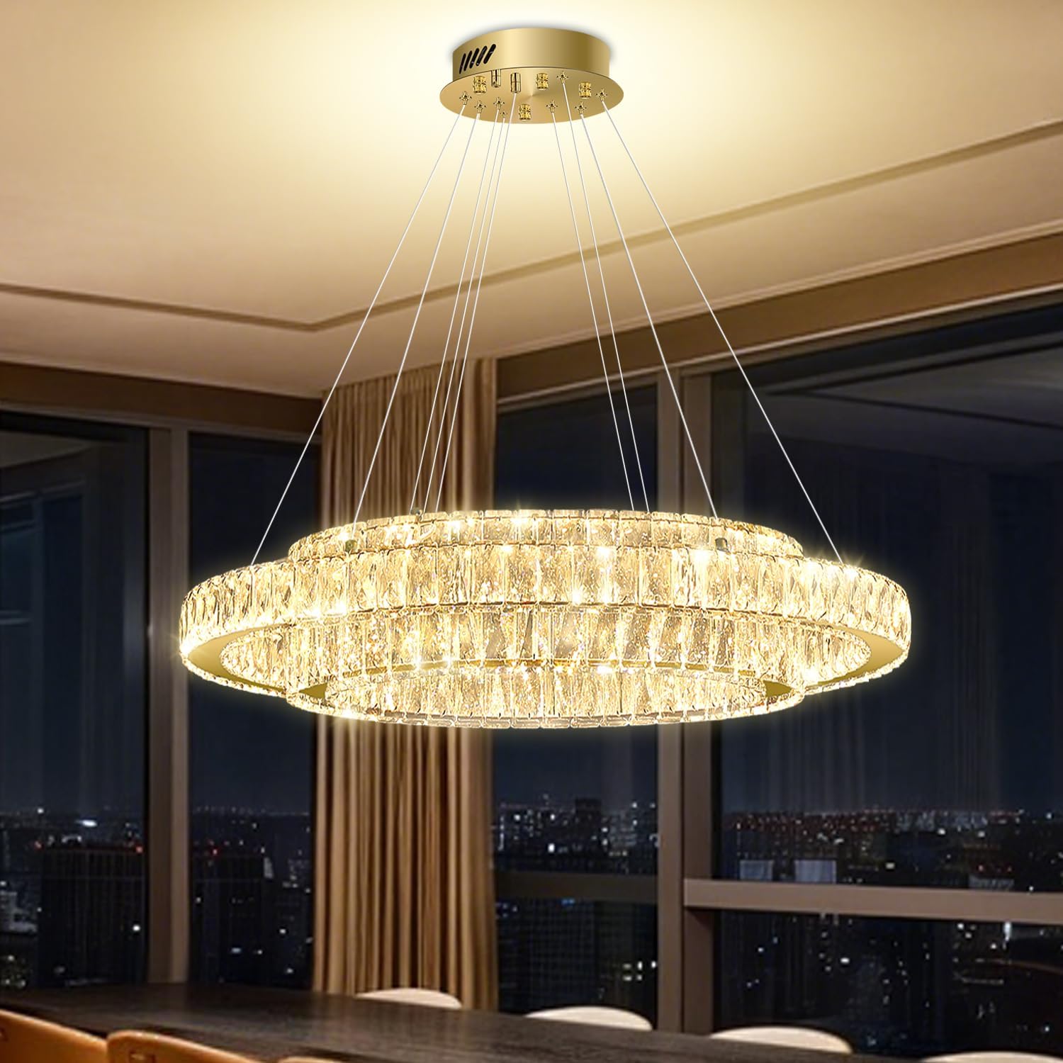 Modern 2 Ring Crystal Chandelier for Living Room Bedroom Led Gold Ring Pendant Light D27.5''+D20'' Dimmable 3000-6000K