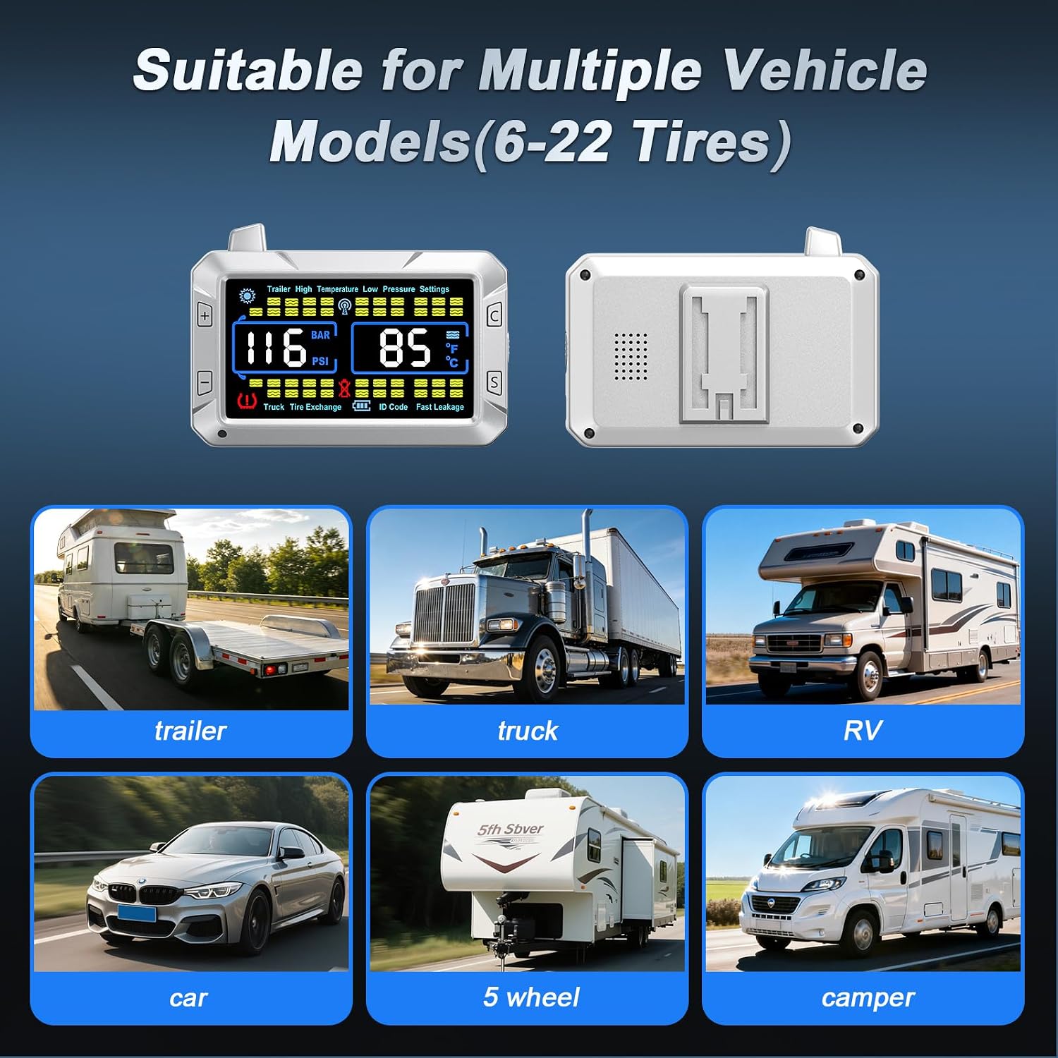 RV Tire Pressure Monitoring System TPMS with Flow‑Through Sensors, 4.3" Color Display, 0‑188 PSI, 6 Alerts, Signal Booster, No Removal Inflation for Trailer, Truck, Camper, 5th Wheel (10 Sensors)