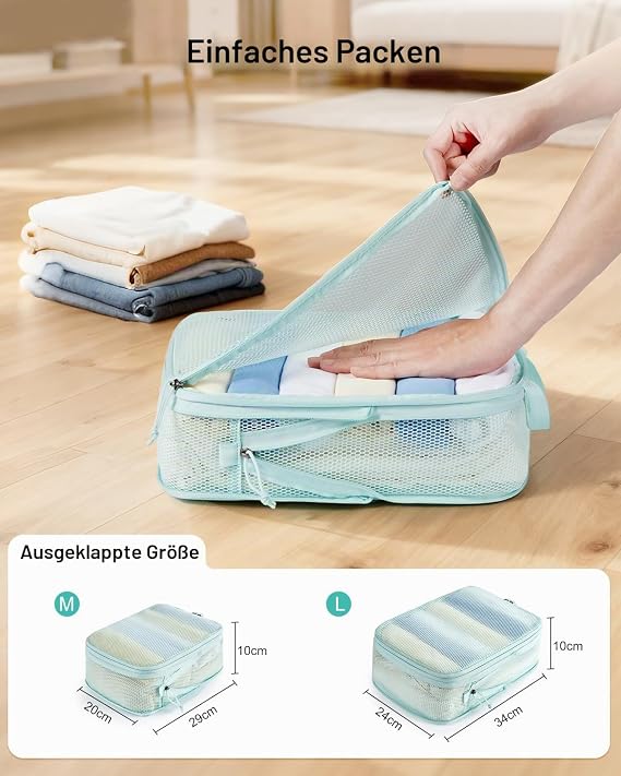 ECOHUB Compression Packing Cubes 4-Piece Set Suitcase Organiser with Compression - Up to 60% Space Saving 3-Layer Reinforced & Tear-Resistant Packing Cubes for Suitcases Made of Recycled PET (Green)