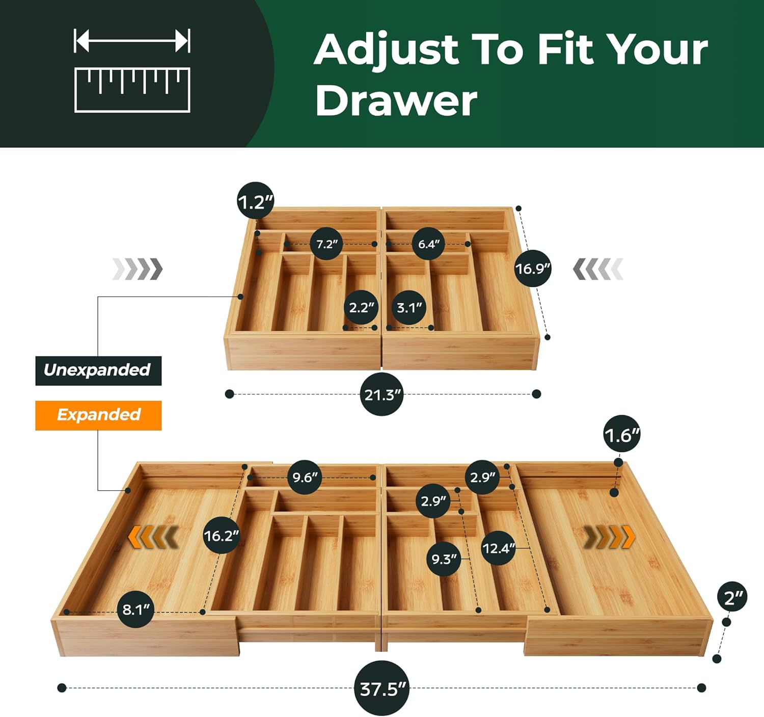 Large Silverware Organizer, 13 Slots Magnetic Connected Expandable Bamboo Utensil Drawer Organizer From 21 to 37.4 Inches, Adjustable Flatware and Cutlery Holder, Utensil Tray for Kitchen Natural
